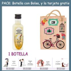 Botellita de Licor de Arroz con Leche con bolsa fashion con bici y tarjeta