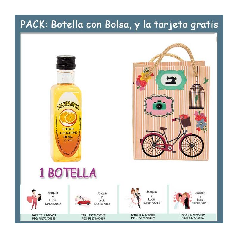 Botellita de Licor de Mandarina con bolsa fashion con bici y tarjeta