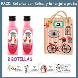 2 Botellitas de Licor de Fresas con Nata con bolsa fashion con bici y tarjeta