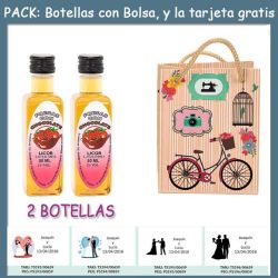 2 Botellitas de Licor de Fresas con Chocolate con bolsa fashion con bici y tarjeta