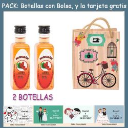 2 Botellitas de Pacharán con bolsa fashion con bici y tarjeta