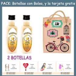 2 Botellitas de Licor de Crema con bolsa fashion con bici y tarjeta