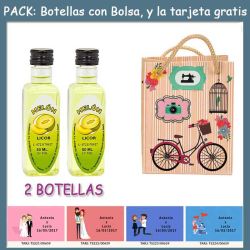 2 Botellitas de Licor de Melón con bolsa fashion con bici y tarjeta