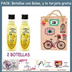 2 Botellitas de Licor Crema de Limóncon bolsa fashion con bici y tarjeta