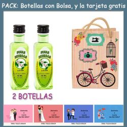 2 Botellitas de Licor de Finas Hierbas con bolsa fashion con bici y tarjeta