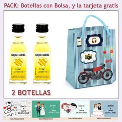 2 Botellitas de Ron Miel con bolsa con moto roja y tarjeta