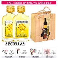 2 Botellitas Petaca de Ron Miel con bolsa bodegón y tarjeta