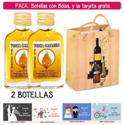 2 Botellitas Petaca de Vodka Caramelo con bolsa bodegón y tarjeta