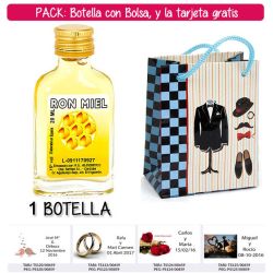 Botellita Petaca de Ron Miel con bolsa charlestón y tarjeta