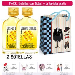 2 Botellitas Petaca de Ron Miel con bolsa charlestón y tarjeta