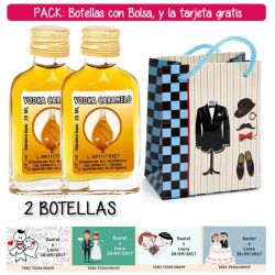 2 Botellitas Petaca de Vodka Caramelo con bolsa charlestón y tarjeta
