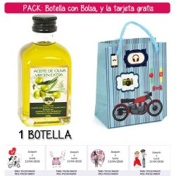 Botellita de Aceite de Oliva Virgen Extra con bolsa con moto roja y tarjeta