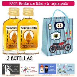 2 Botellitas Petaca de Vodka Caramelo con bolsa con moto roja y tarjeta