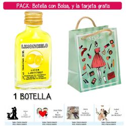 Botellita Petaca de Limoncielo con bolsa fashion con mujer y tarjeta