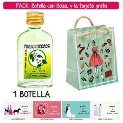 Botellita Petaca de Licor de Finas Hierbas con bolsa fashion con mujer y tarjeta