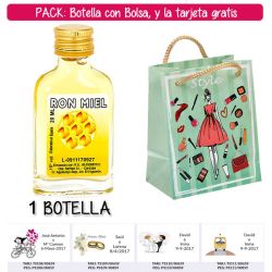 Botellita Petaca de Ron Miel con bolsa fashion con mujer y tarjeta