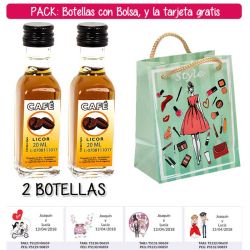 2 Botellitas de Licor de Café con bolsa fashion con mujer y tarjeta