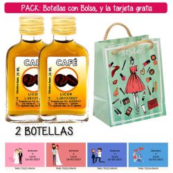 2 Botellitas Petaca de Licor de Café con bolsa fashion con mujer y tarjeta