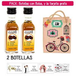 2 Botellitas de Licor de Café con bolsa fashion con bici y tarjeta