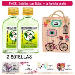 2 Botellitas Petaca de Licor de Finas Hierbas con bolsa fashion con bici y tarjeta