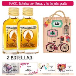 2 Botellitas Petaca de Vodka Caramelo con bolsa fashion con bici y tarjeta