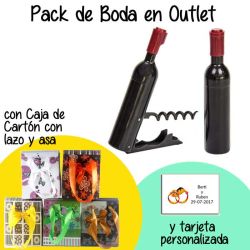 Sacacorchos forma botella en caja de cartón con lazo y asas