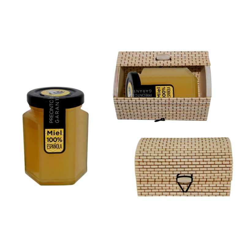 Bote de miel en caja de mimbre para detalles de boda