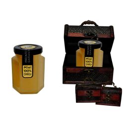 Bote de miel en baúl de madera para detalles de boda